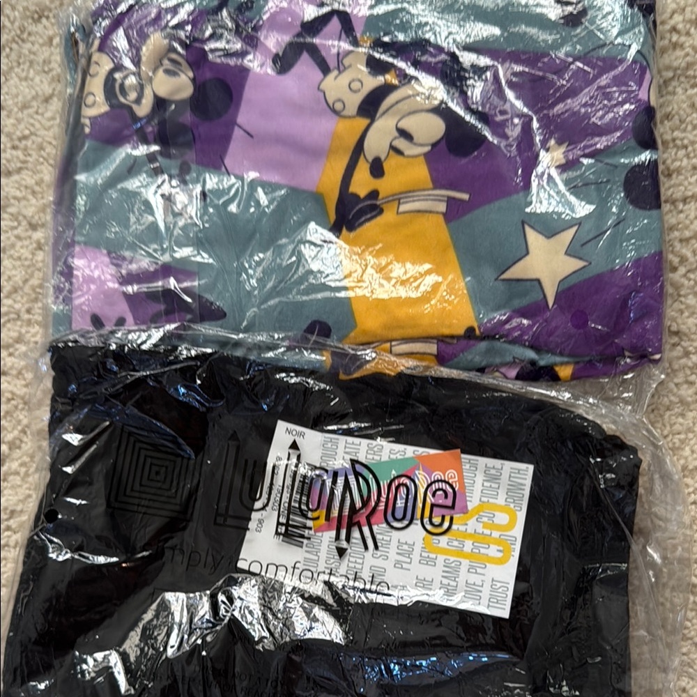 LuLaRoe Purple and Yellow Star Disney Leggings and Black Leggings OS